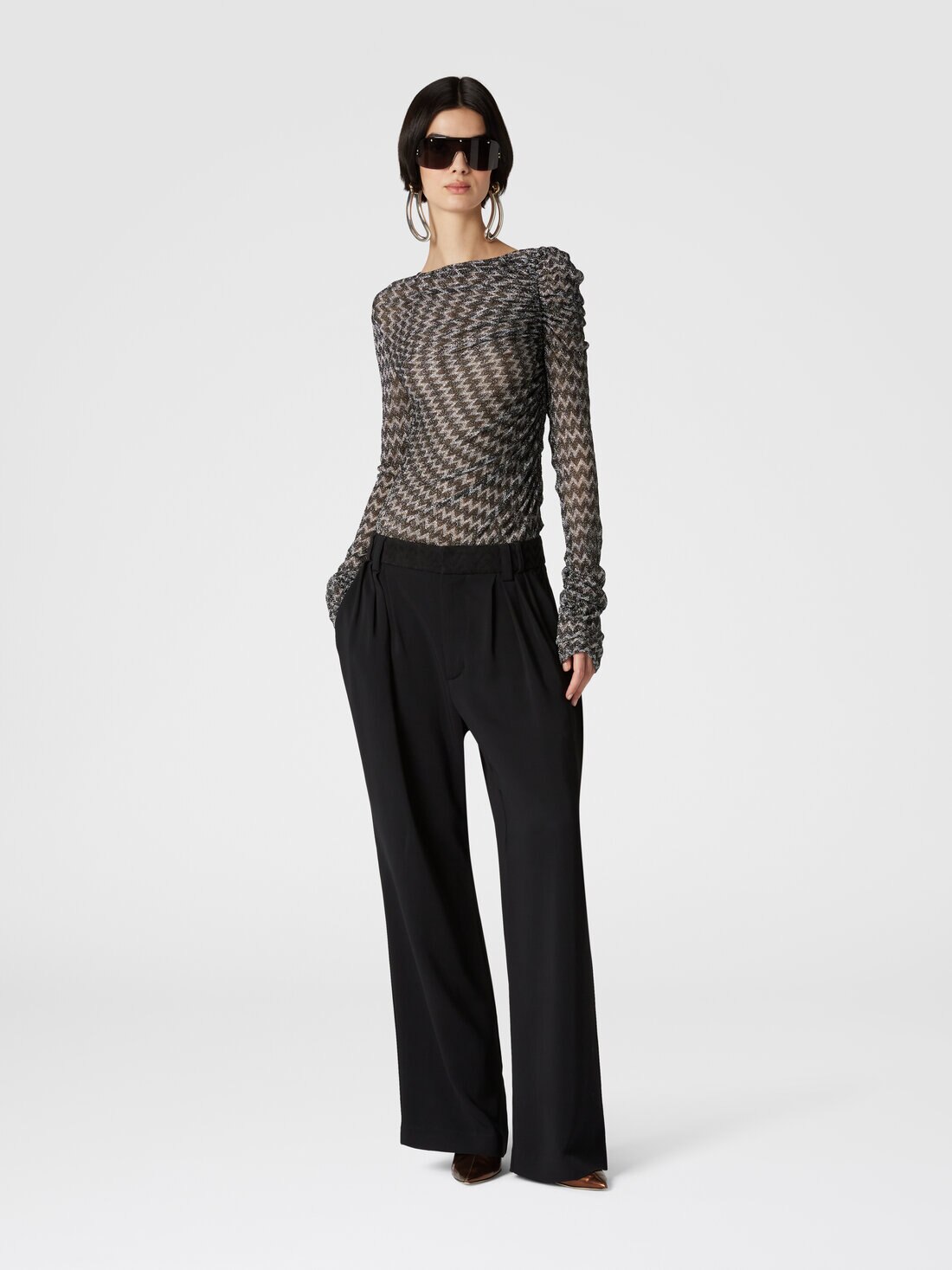 Zig zag lamé viscose blend gather top, Black & Multicoloured  - DS24WK0ABR00XQS91K1 - 1