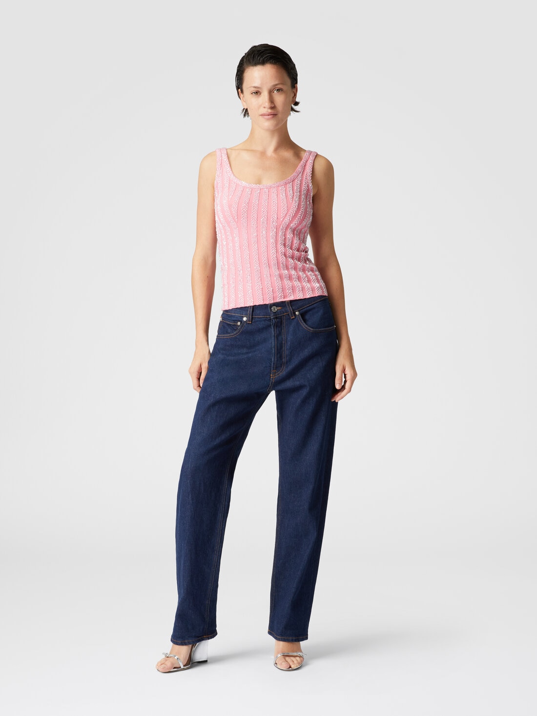Zig zag ribbed tank top with sequins, Multicoloured  - DS24WK0RBK039GS30DK - 1