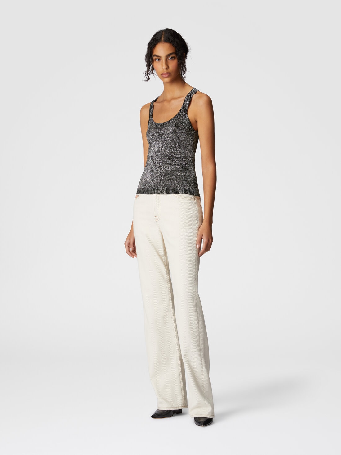 Glitter-effect viscose tank top, Black & Silver - DS24WK15BK042TS91LV - 1