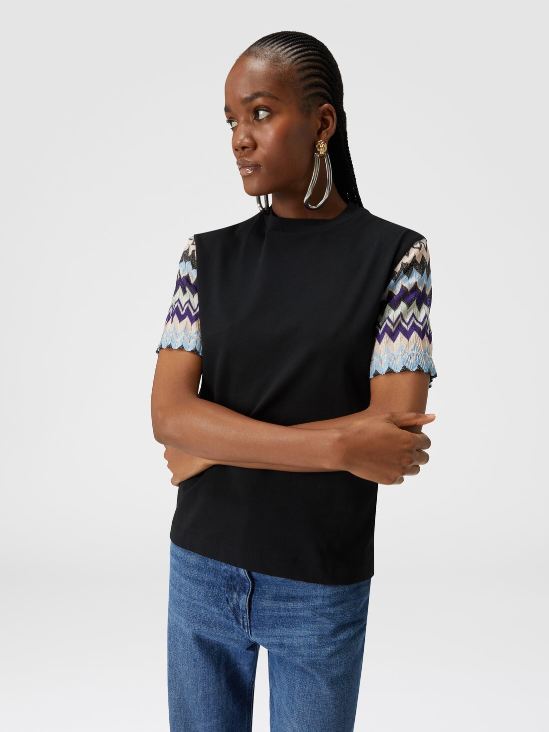 Cotton jersey T-shirt with zig zag knit sleeves, Multicoloured  - DS24WL04BJ00K1S91KE - 3