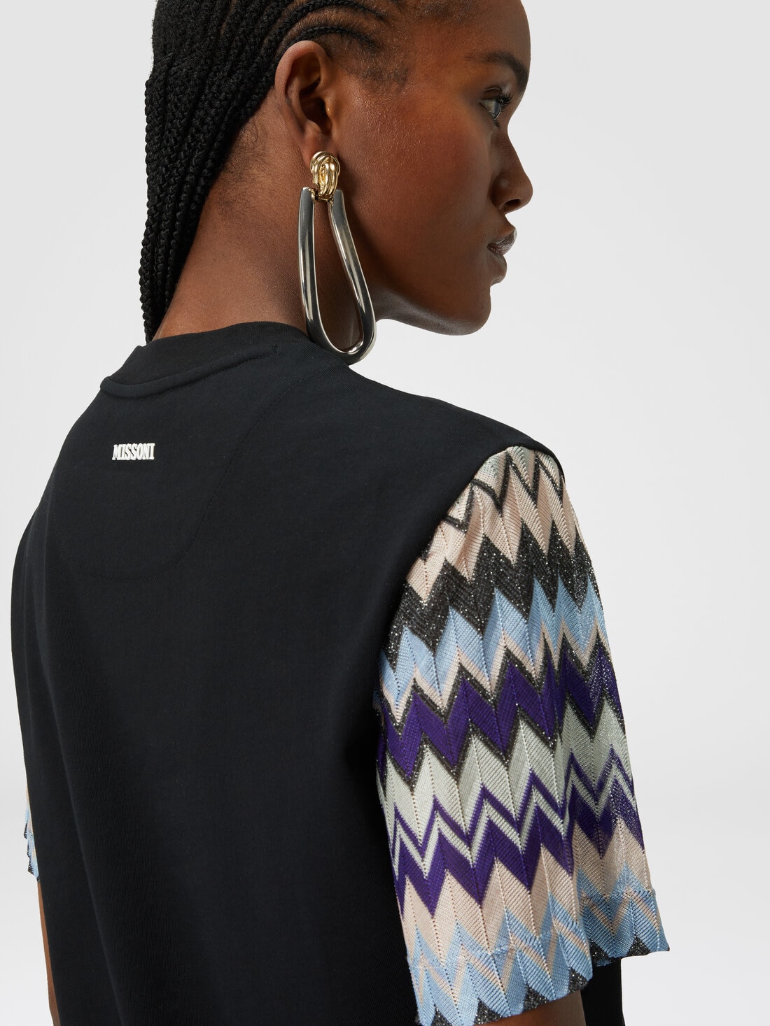 Cotton jersey T-shirt with zig zag knit sleeves, Multicoloured  - DS24WL04BJ00K1S91KE - 4