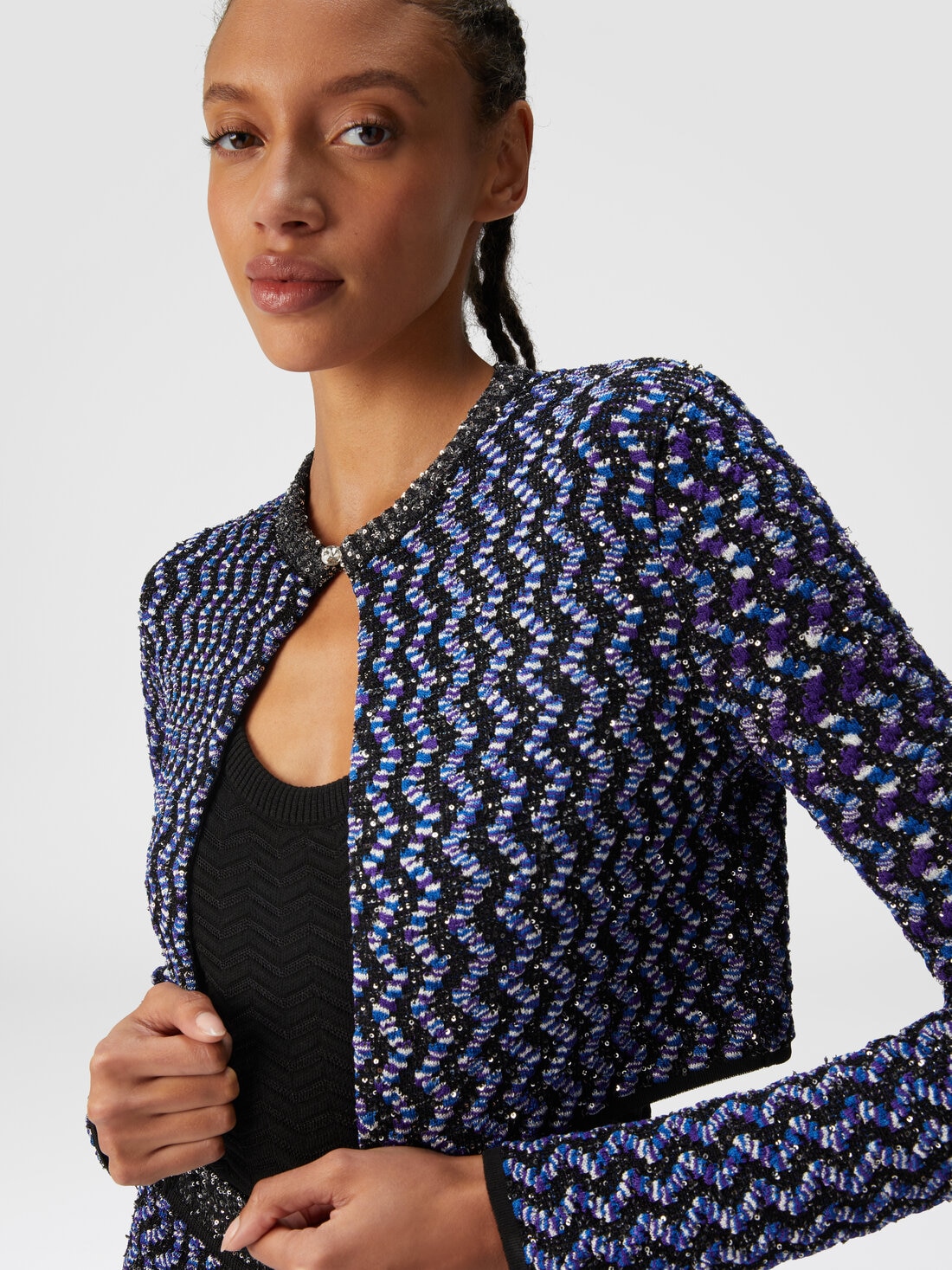 Cardigan zigzag gaufré à sequins, Noir    - DS24WM12BK040HS72GK - 4