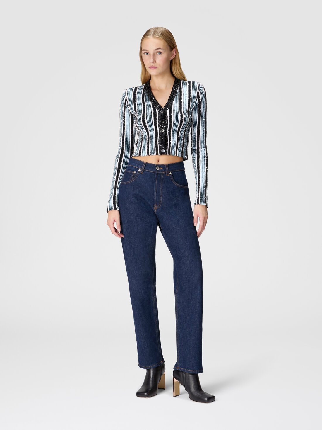 Ribbed ribbed crop cardigan with sequins, Black & Light Blue - DS24WM1EBK042LS72I4 - 1