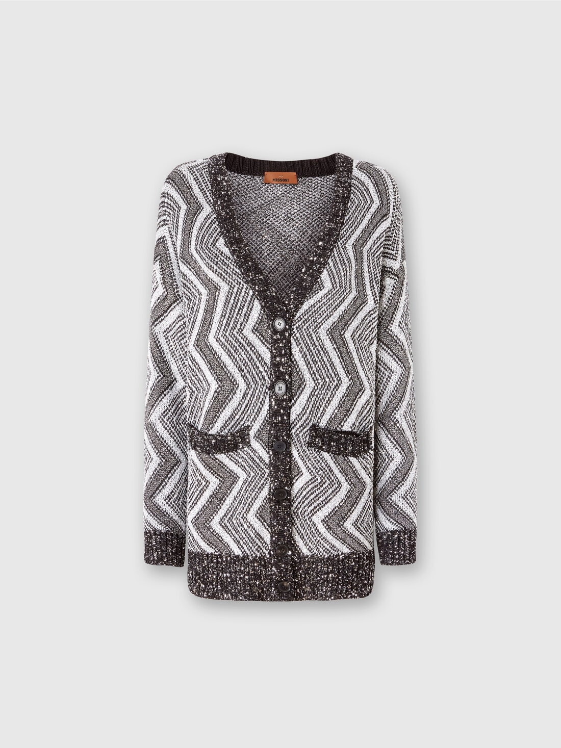 Oversized cardigan with macro zig zag and sequins, Black & Silver - DS24WM1FBK042IS91LN - 0