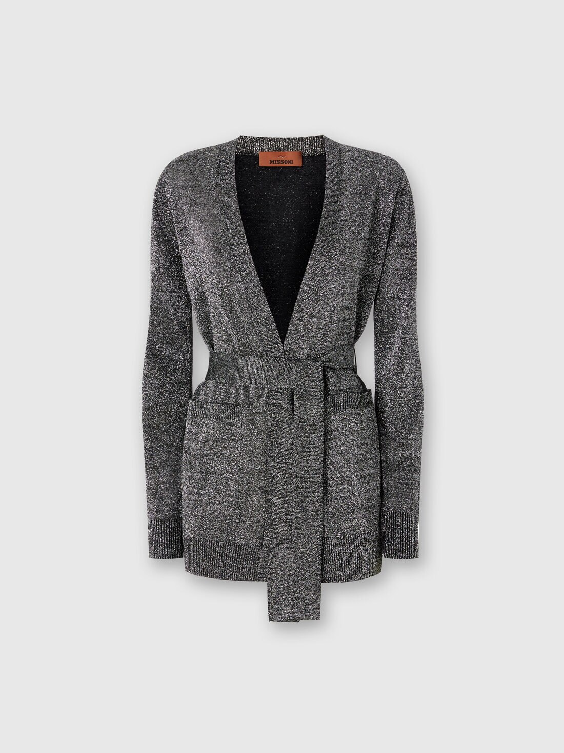 Glitter-effect viscose cardigan with belt, Black & Silver - DS24WM1GBK042TS91LV - 0