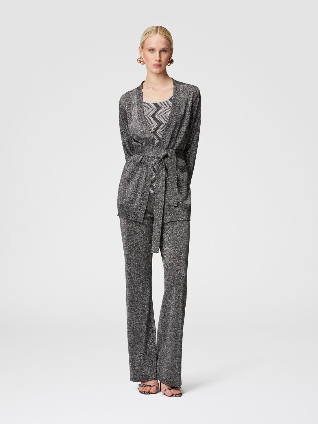 Glitter-effect viscose cardigan with belt, Black & Silver - DS24WM1GBK042TS91LV - 1