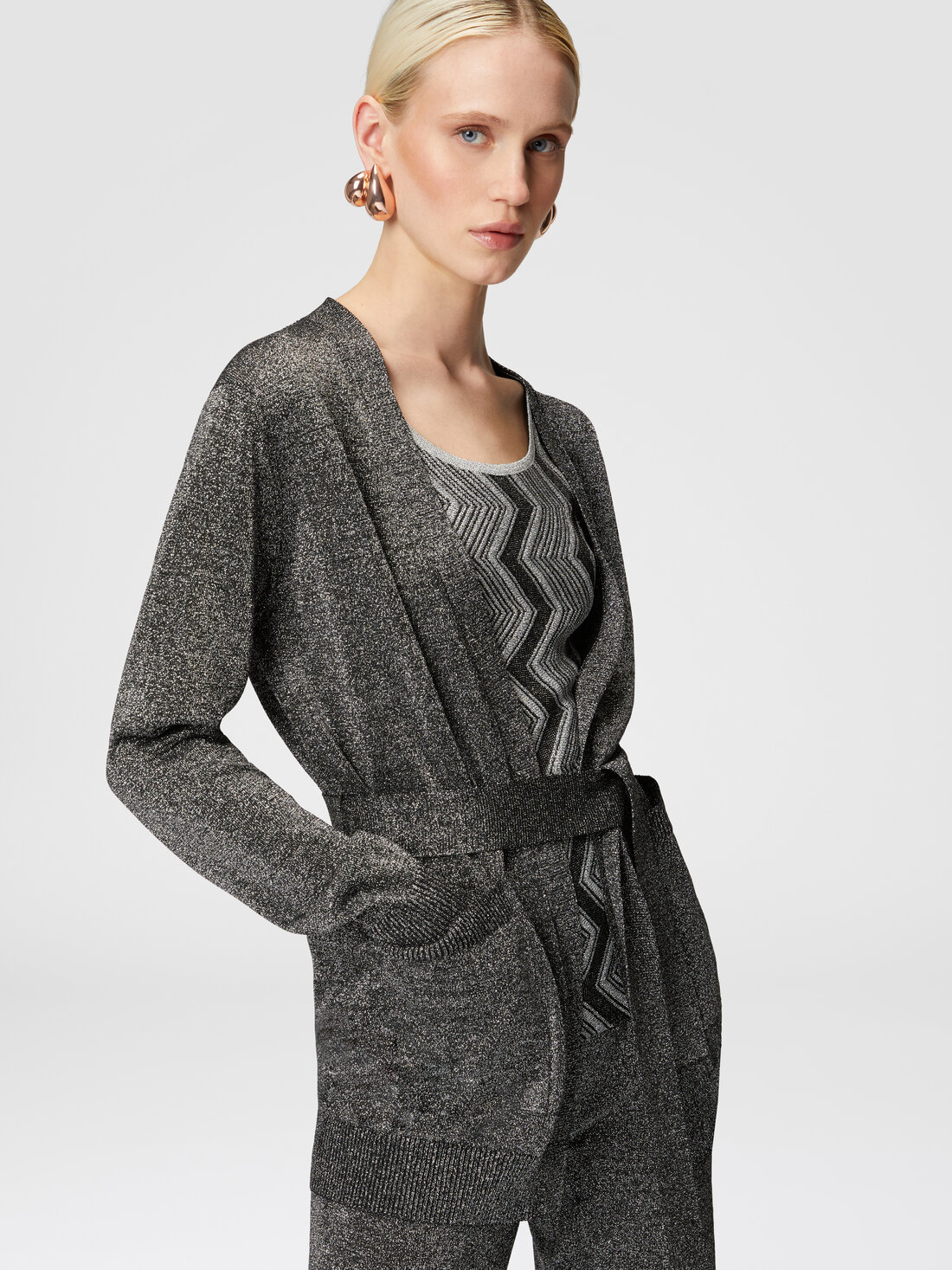 Glitter-effect viscose cardigan with belt, Black & Silver - DS24WM1GBK042TS91LV - 3