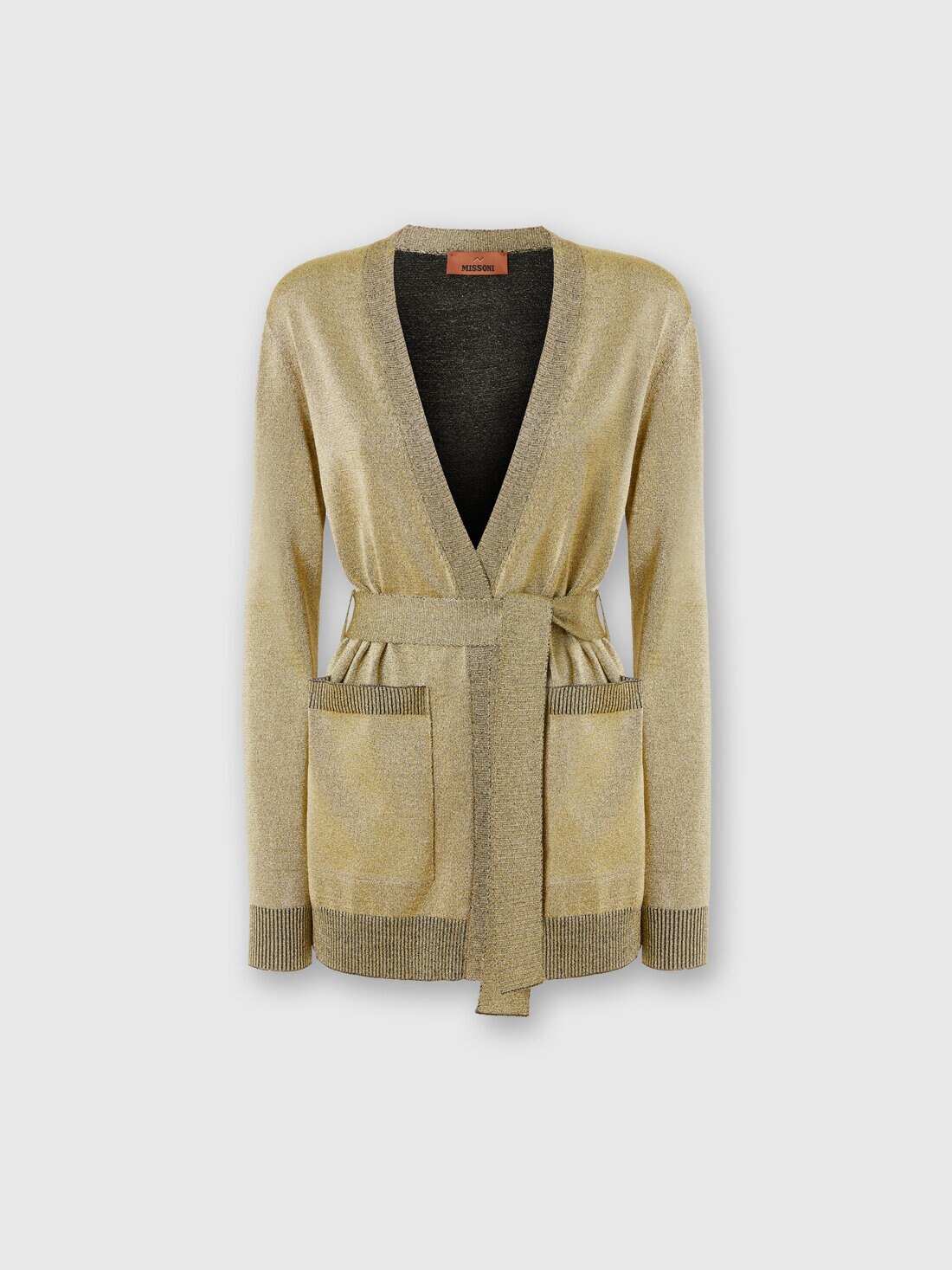 Glitter-effect viscose cardigan with belt, Black & Gold - DS24WM1GBK042TS91LW - 0