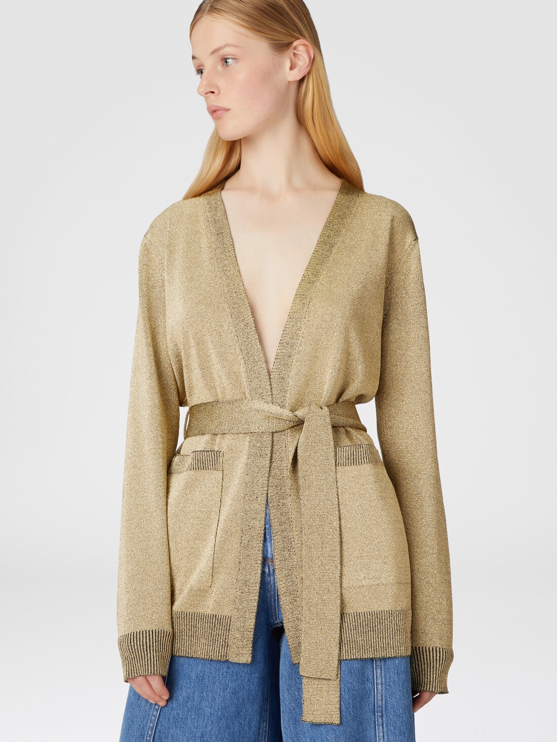 Glitter-effect viscose cardigan with belt, Black & Gold - DS24WM1GBK042TS91LW - 3