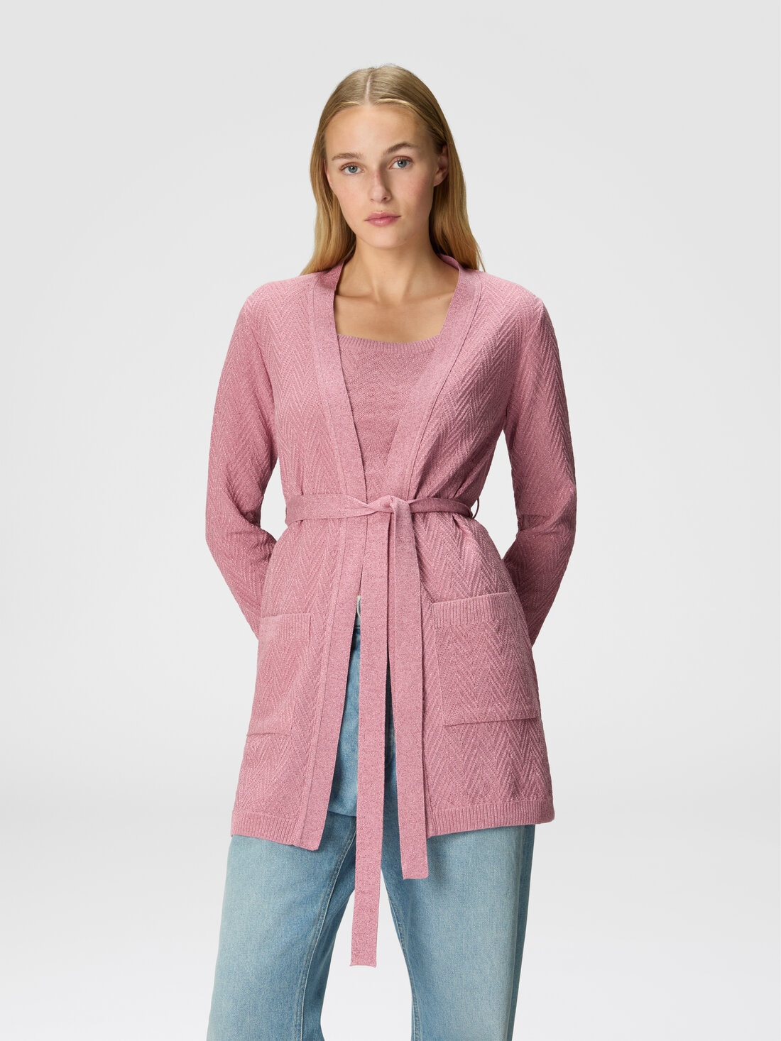Gürtel-Cardigan mit Chevron-Jacquard-Muster, Rosa   - DS24WM1OBK01B7L3047 - 3