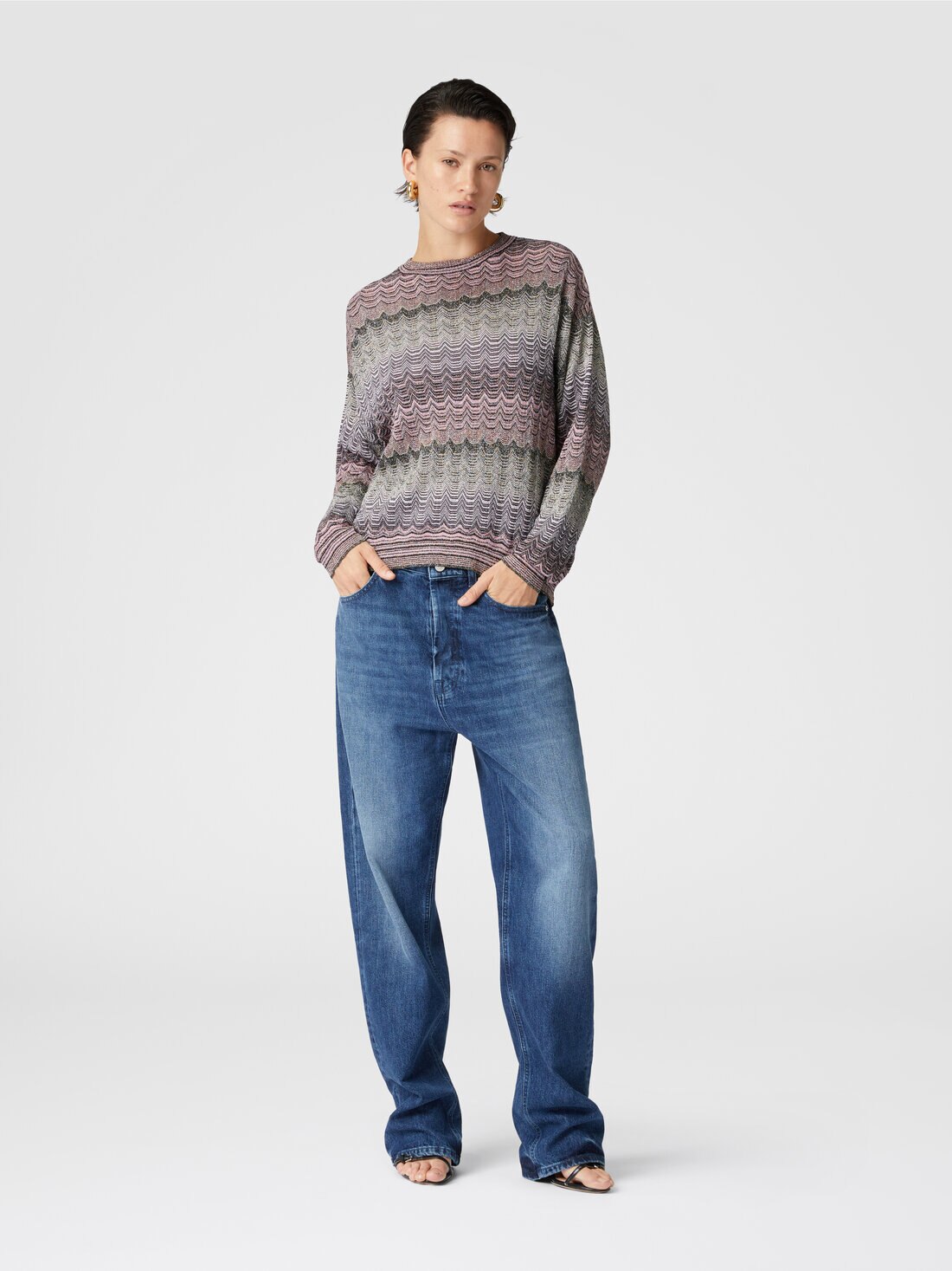 Crewneck pullover with lamé zigzag Greek motif, Multicoloured  - DS24WN0PBK039ISM9G5 - 1