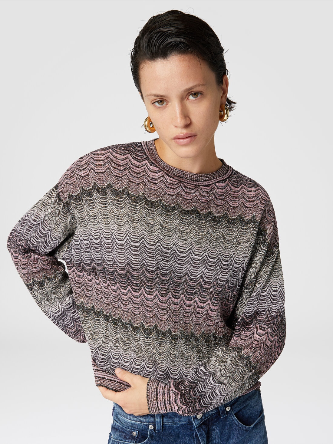 Crewneck pullover with lamé zigzag Greek motif, Multicoloured  - DS24WN0PBK039ISM9G5 - 3