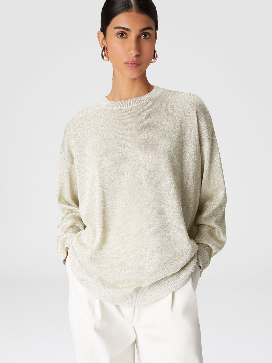 Crewneck pullover in viscose with glitter effect, White & Gold - DS24WN0QBK039JS01CU - 3