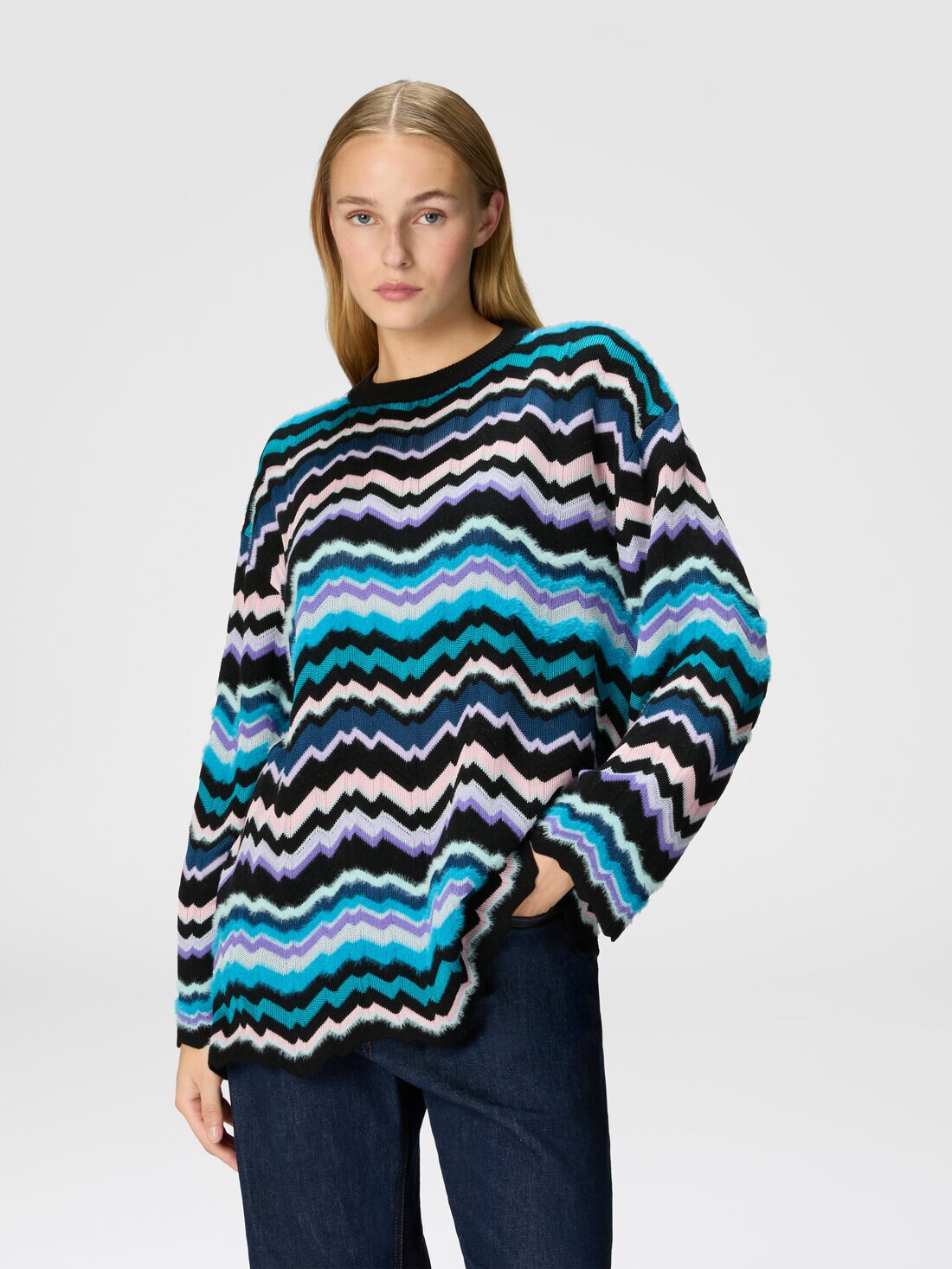 Crewneck pullover with Greek zigzag motif, Multicoloured  - DS24WN10BK036WSM9FO - 3