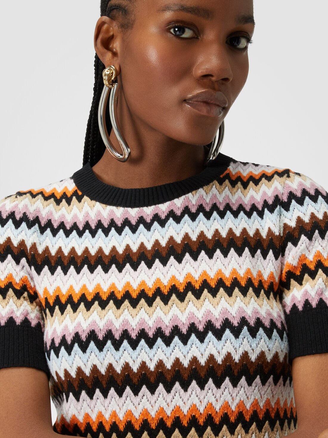 Short-sleeved crewneck pullover in zigzag wool, Multicoloured  - DS24WN15BK040SSM9FZ - 4