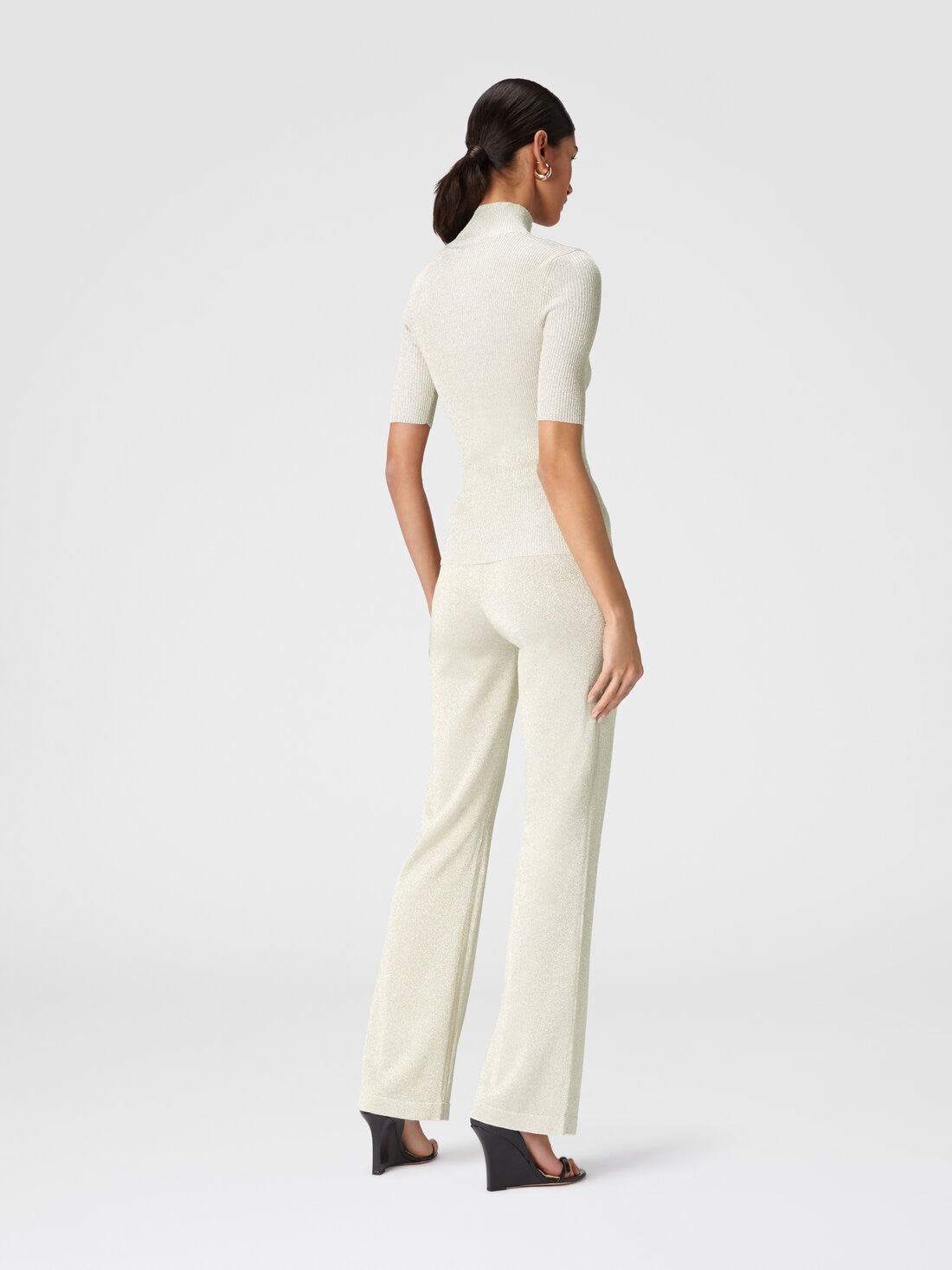 Short-sleeved turtleneck in glitter-effect viscose, White & Gold - DS24WN16BK039JS01CU - 2