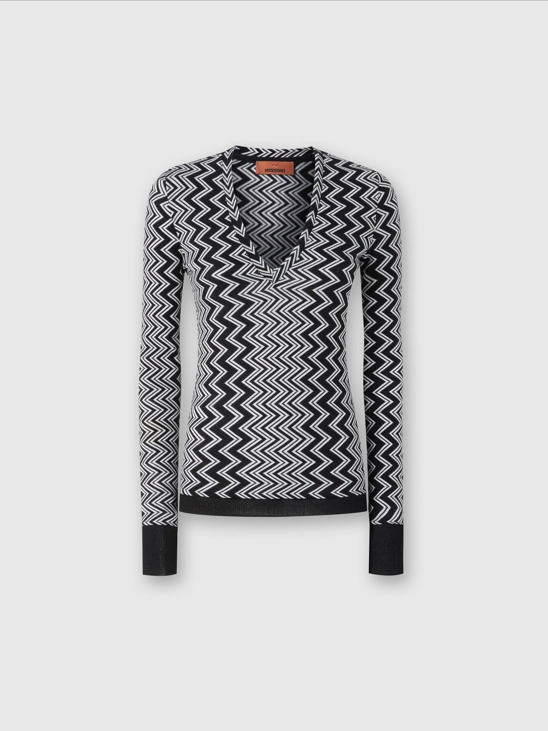 V-neck sweater in wool and viscose zig zag, Black & White - DS24WN1MBR00ZSS91LG - 0