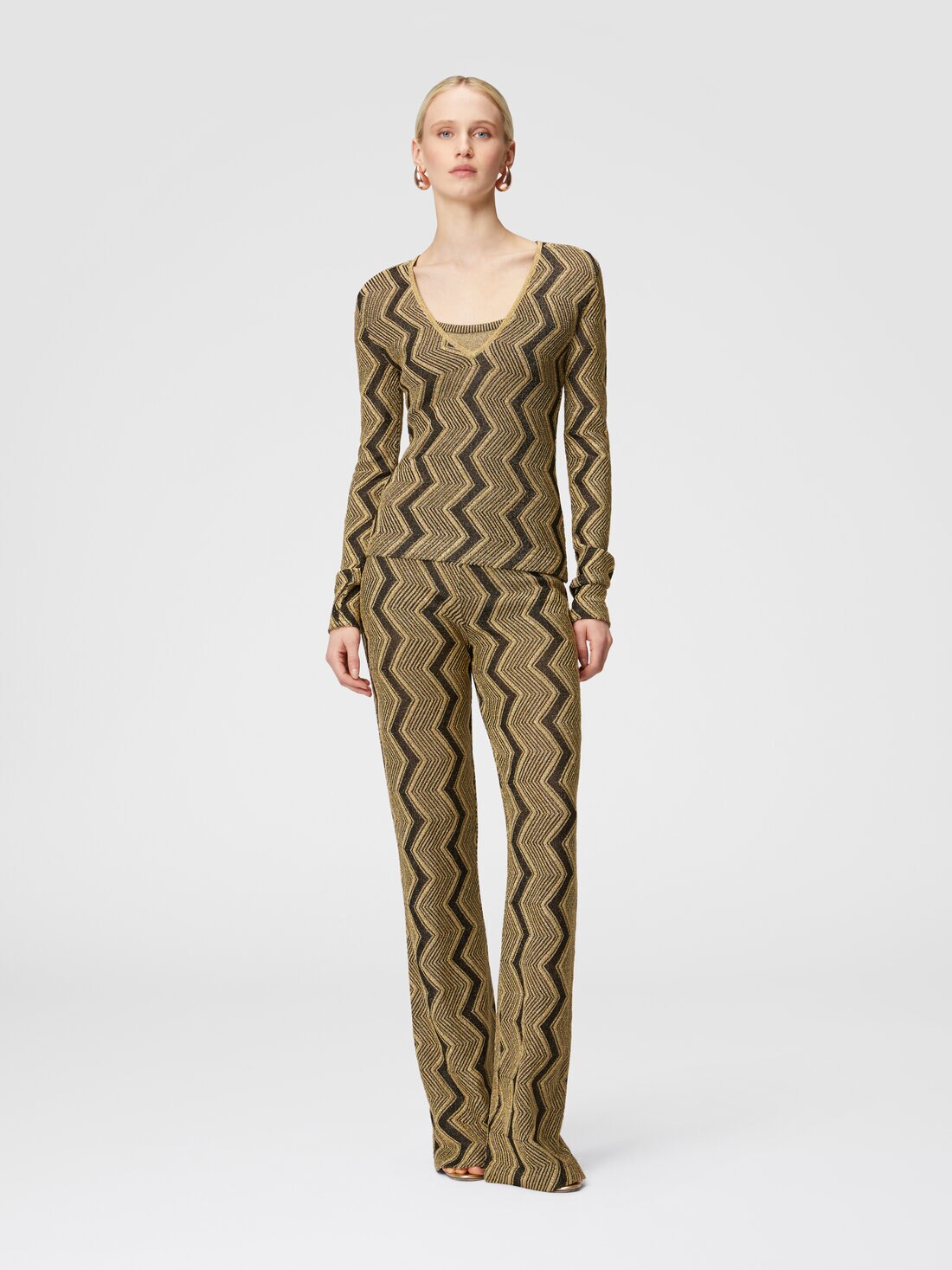 Pull col V en viscose lamée zig zag, Noir & Or - DS24WN1WBK042KS91LJ - 1