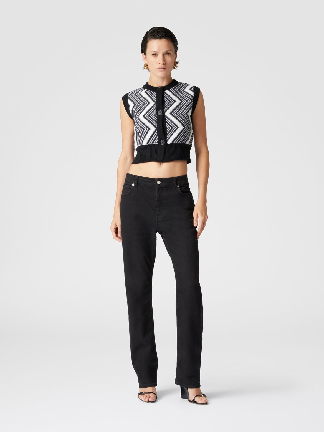 Wool bolero with buttons and terrycloth stitch chevron, Black & White - DS24WN21BK041LS91LR - 1