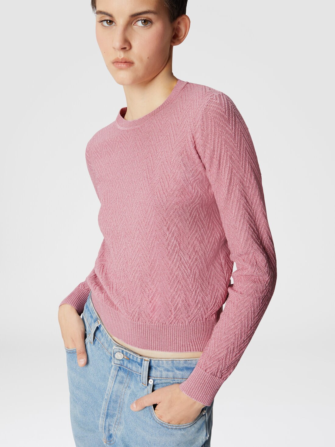 Jersey de cuello redondo de manga larga con motivo chevron, Rosa   - DS24WN2FBK01B7L3047 - 3