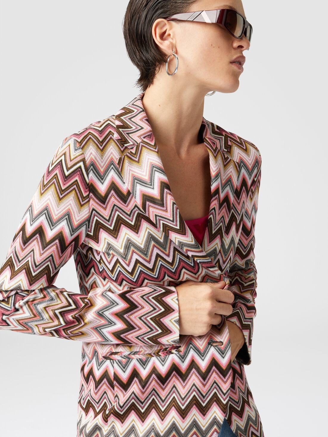 Blazer monopetto in cotone e viscosa zig zag, Multicolore  - DS25SF03BR00ZUS91N6 - 3