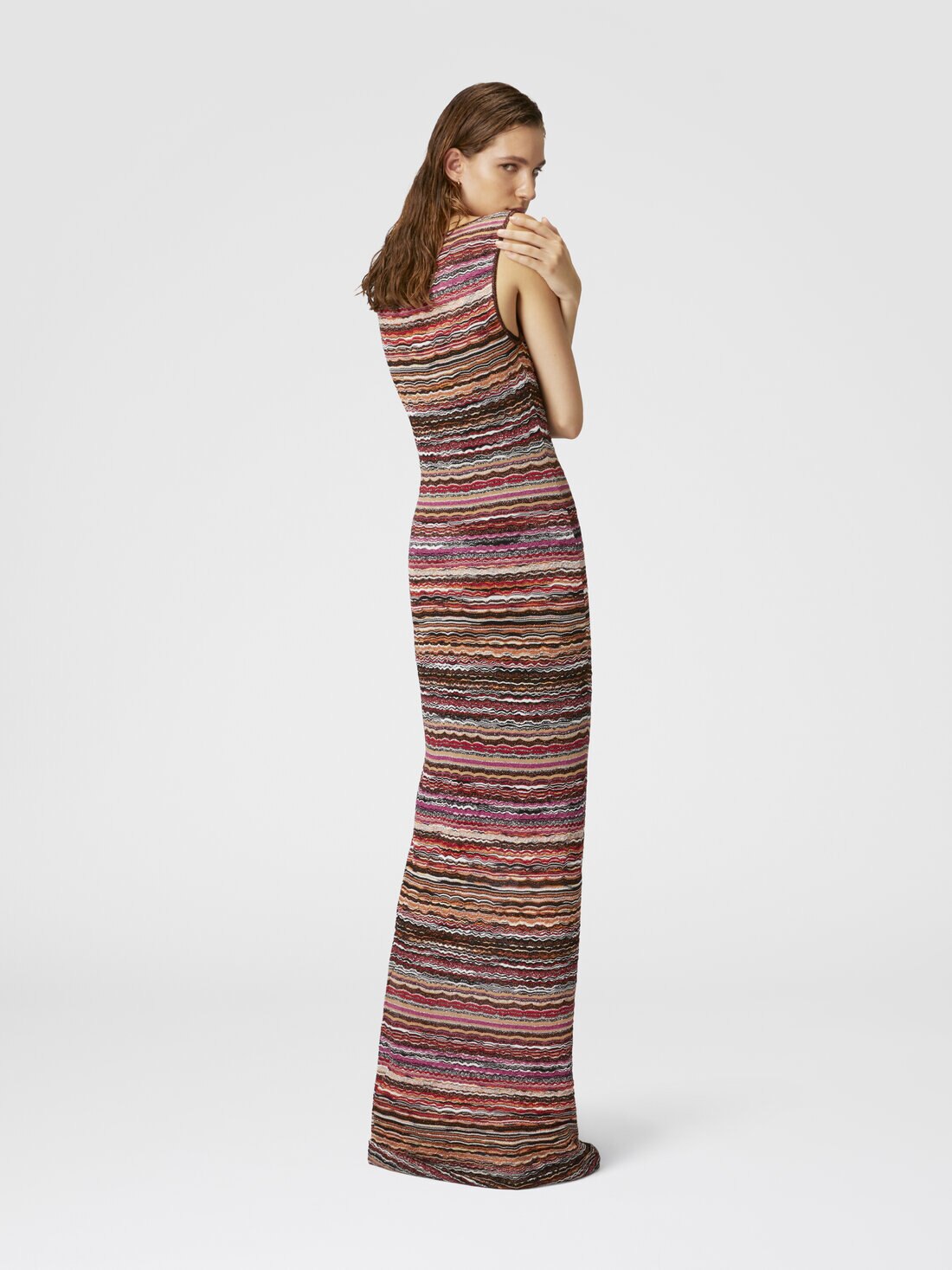 Long dress in lamé viscose with wave motif, Multicoloured  - DS25SG0WBK042CS416H - 2