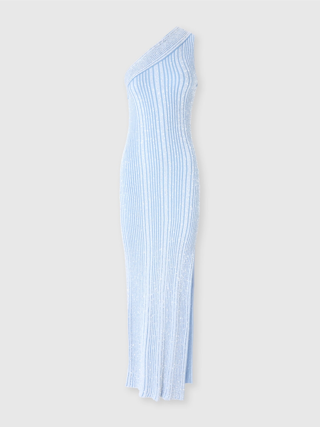 Langes One-Shoulder-Rippkleid mit Pailletten und Schlitz, Hellblau - DS25SG12BK042FS72K0 - 0