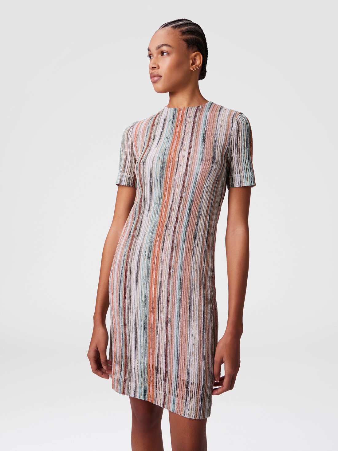 Minivestido de manga corta en viscosa flameada lamé a rayas, Multicolor  - DS25SG1HBR002HSM9KR - 3