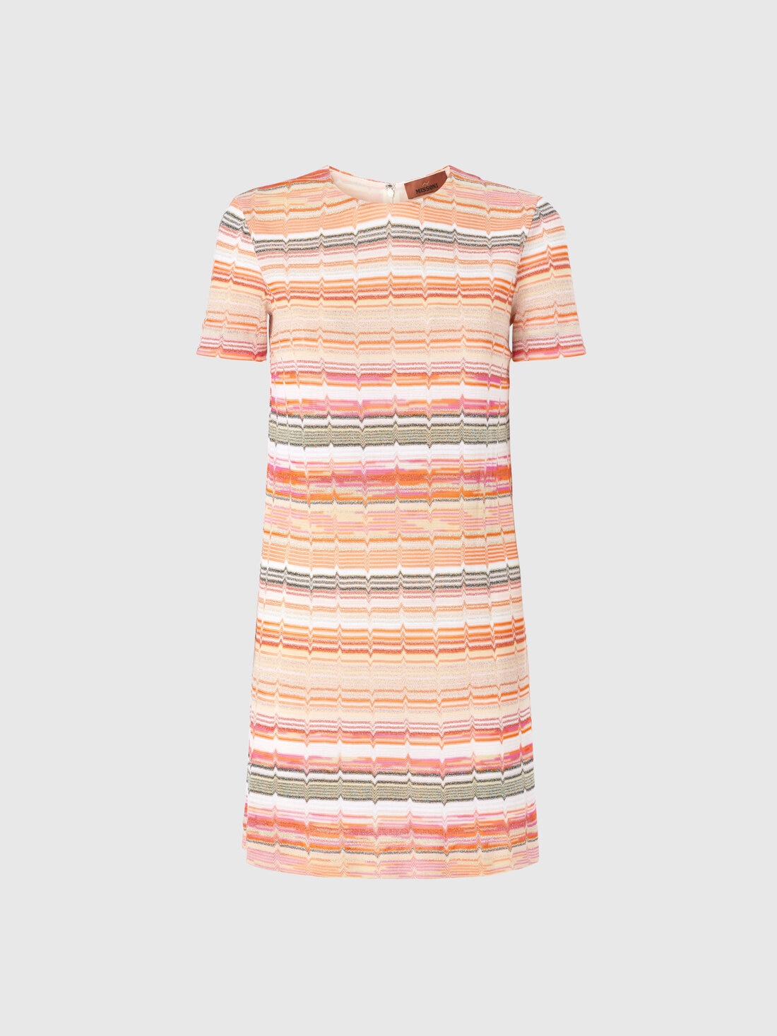 Short-sleeved mini-dress with Greek zig zag lamé, Multicoloured  - DS25SG1HBR010QS416C - 0