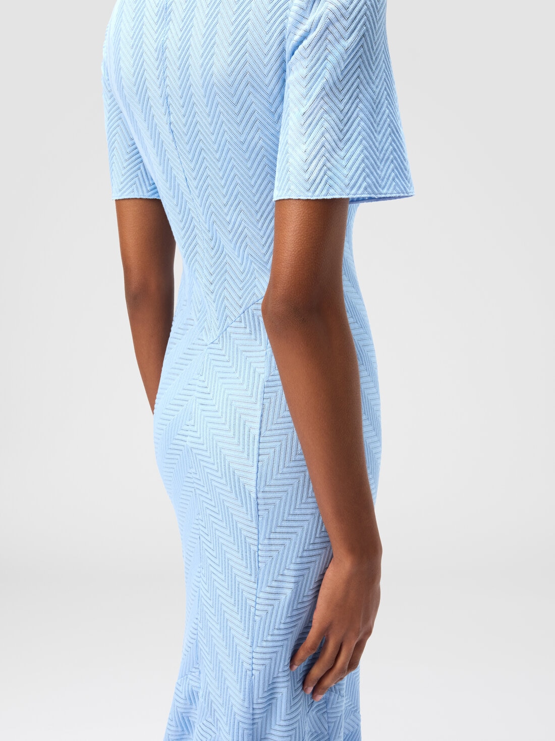 Long dress in cotton and zigzag viscose with flared hem, Light Blue - DS25SG1JBR00JC53922 - 4
