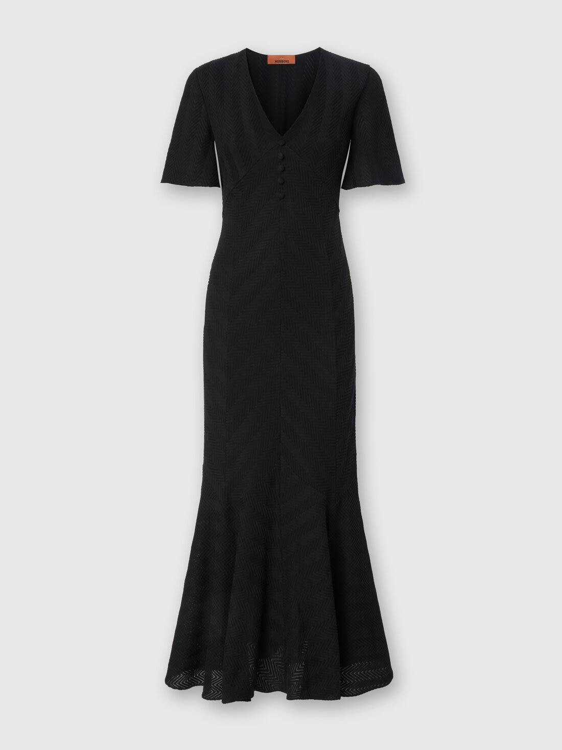 Long dress in cotton and zigzag viscose with flared hem, Black - DS25SG1JBR00JC93911 - 0