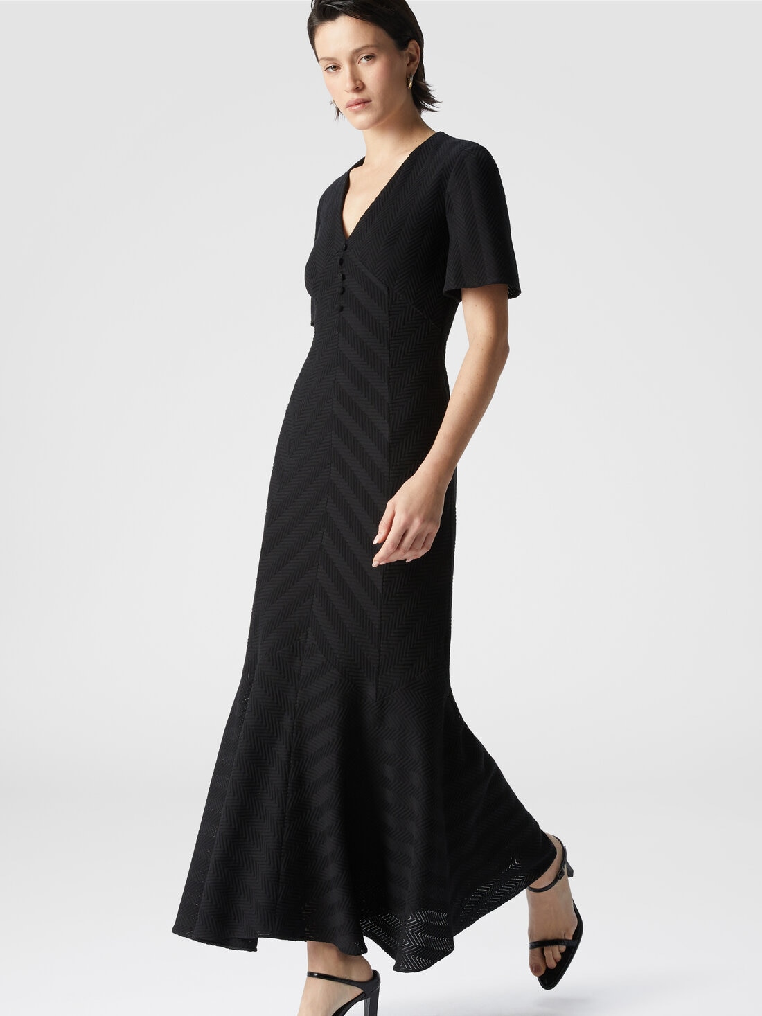 Long dress in cotton and zigzag viscose with flared hem, Black - DS25SG1JBR00JC93911 - 3