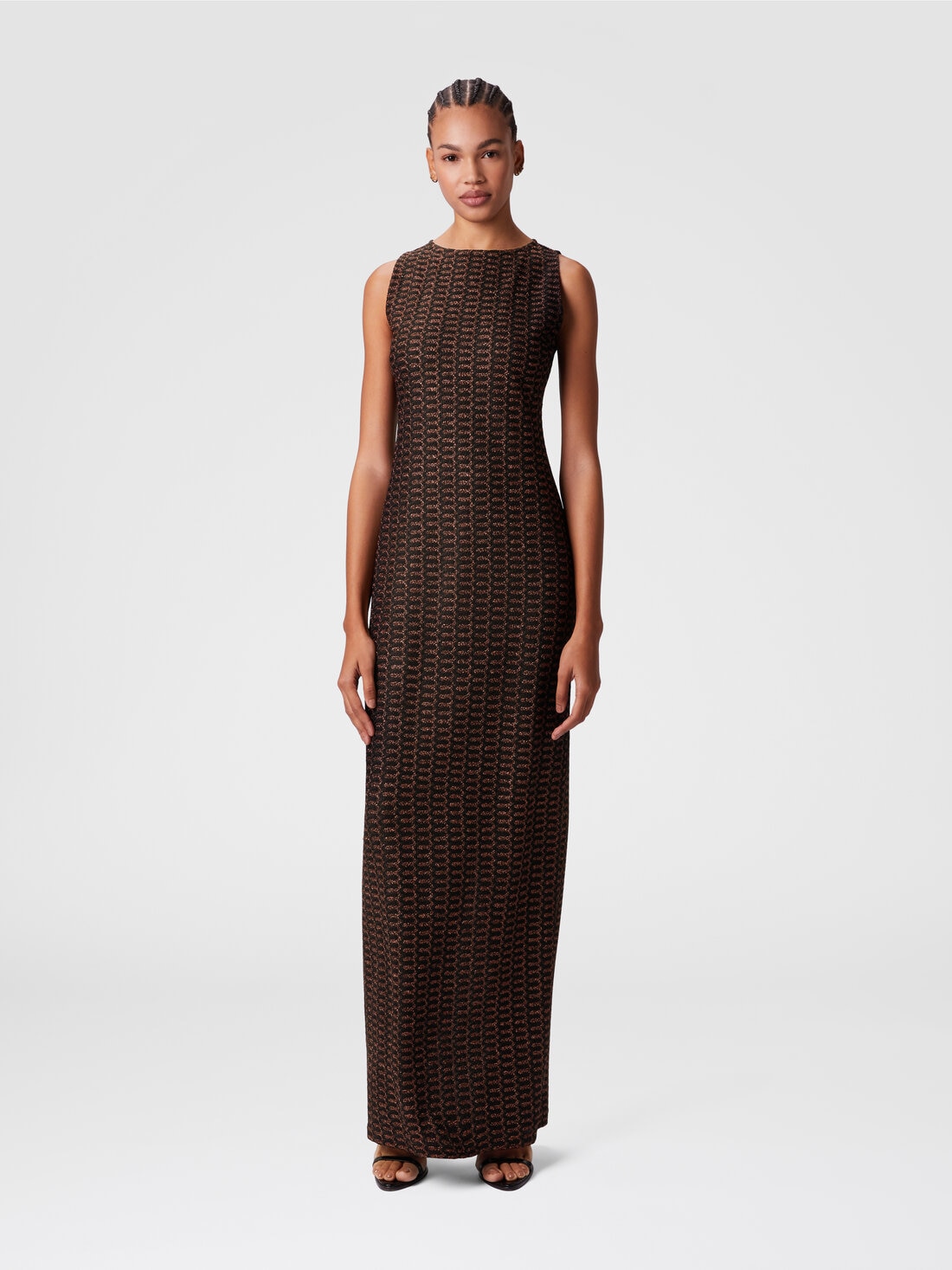 Long sleeveless dress in lamé viscose with lace motif, Rust & Black - DS25SG1NBR010RS80CS - 1