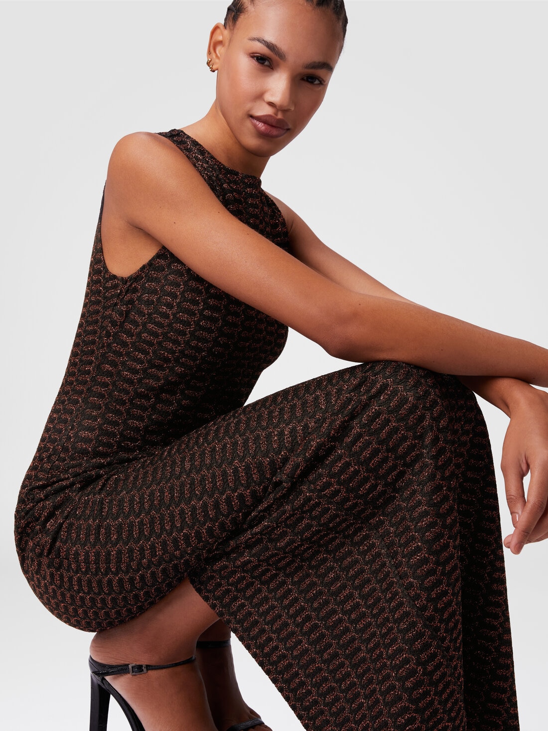 Long sleeveless dress in lamé viscose with lace motif, Rust & Black - DS25SG1NBR010RS80CS - 3