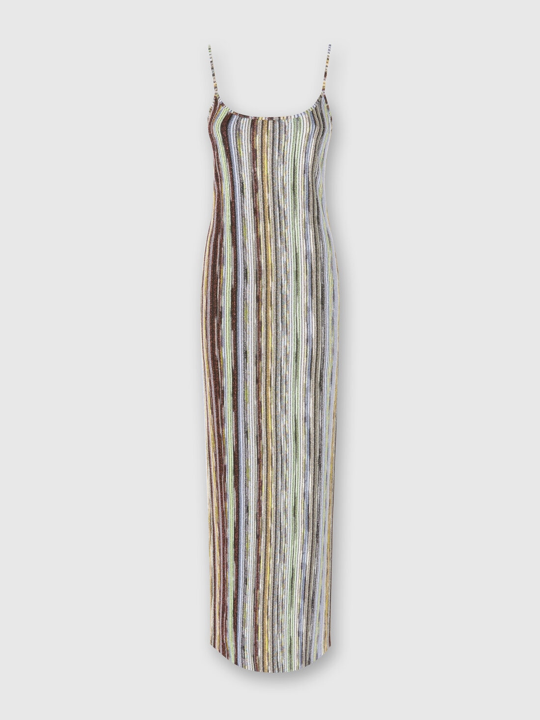 Long sleeveless dress in striped lamé slub viscose, Multicoloured  - DS25SG1SBR002HSM9KS - 0
