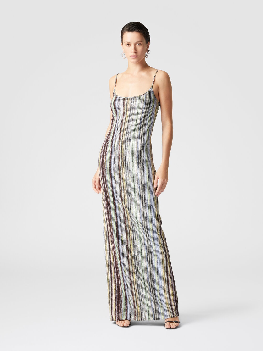 Long sleeveless dress in striped lamé slub viscose, Multicoloured  - DS25SG1SBR002HSM9KS - 1