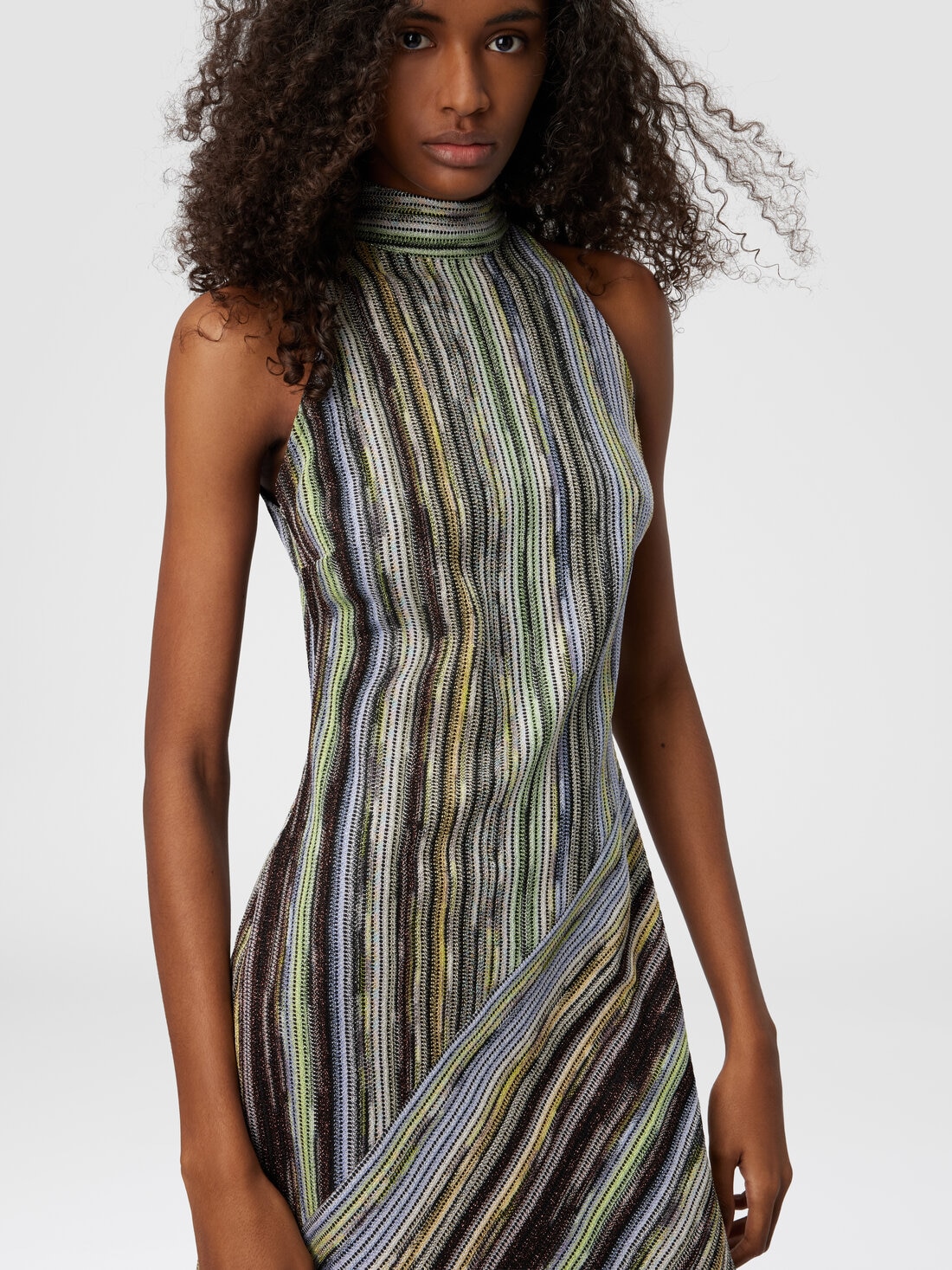 Sleeveless mini-dress in striped lamé slub viscose, Multicoloured  - DS25SG1TBR002HSM9KS - 3