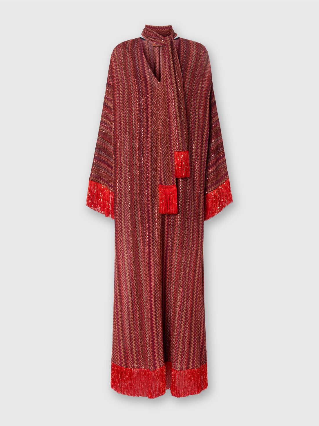 Zigzag kaftan with sequins and V-neck and removable scarf with fringes, Multicoloured  - DS25SG24BR010YS5076 - 0