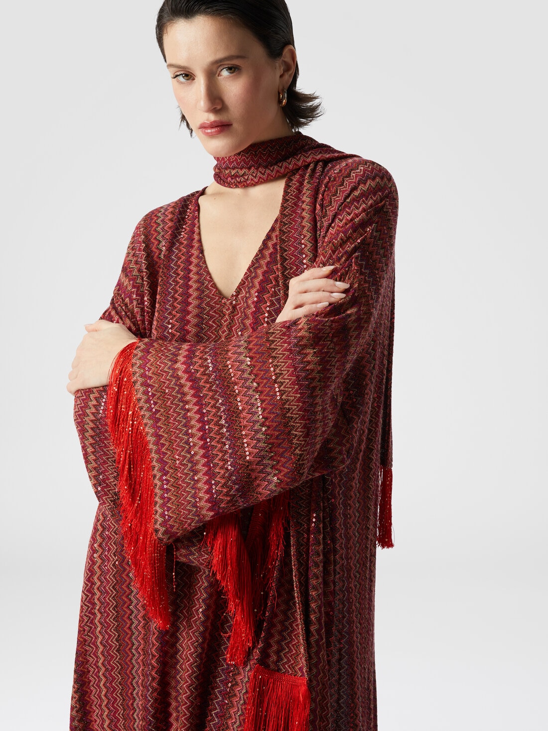 Zigzag kaftan with sequins and V-neck and removable scarf with fringes, Multicoloured  - DS25SG24BR010YS5076 - 4