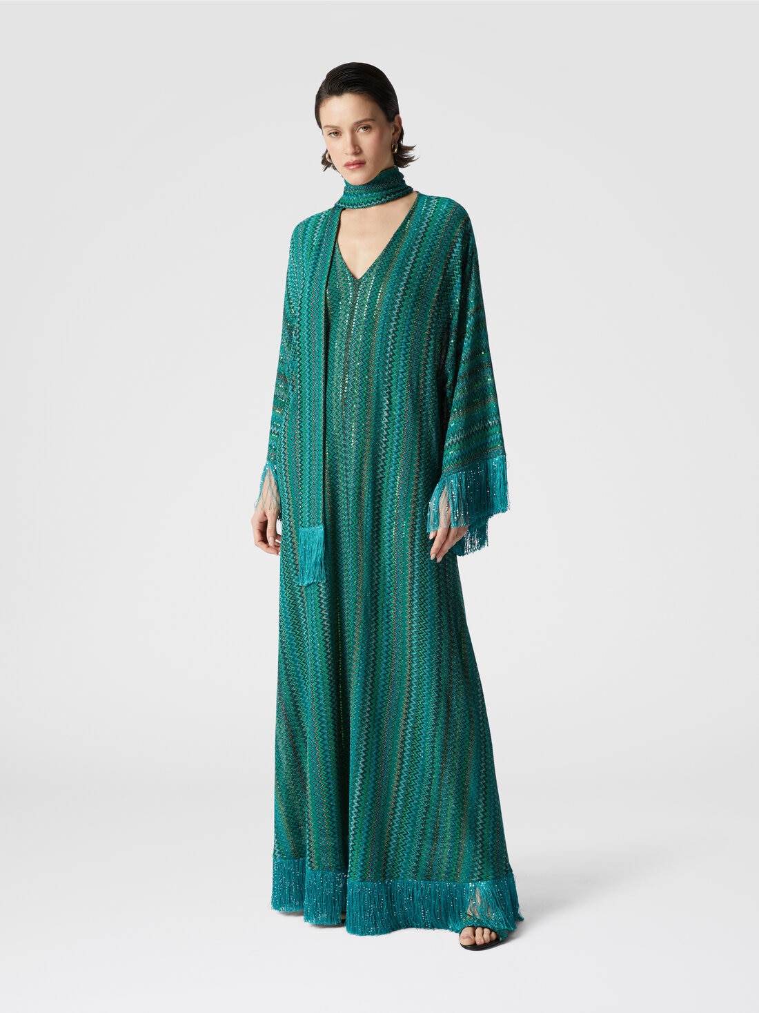 Zigzag kaftan with sequins and V-neck and removable scarf with fringes, Multicoloured  - DS25SG24BR010YS614K - 1
