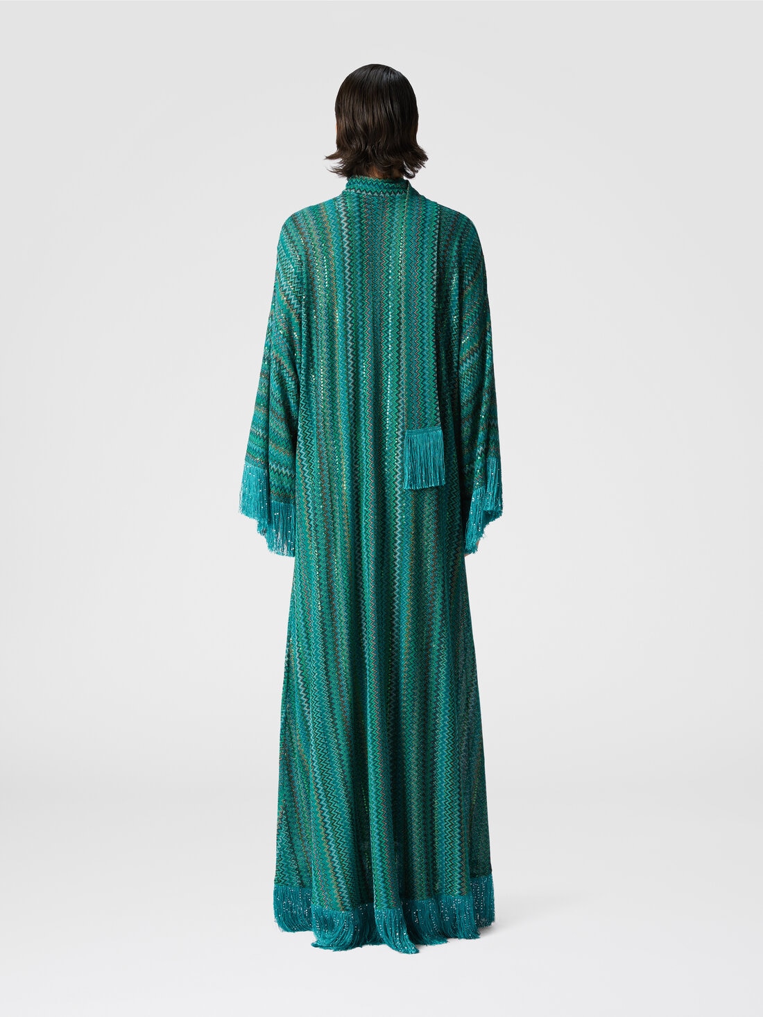 Zigzag kaftan with sequins and V-neck and removable scarf with fringes, Multicoloured  - DS25SG24BR010YS614K - 2