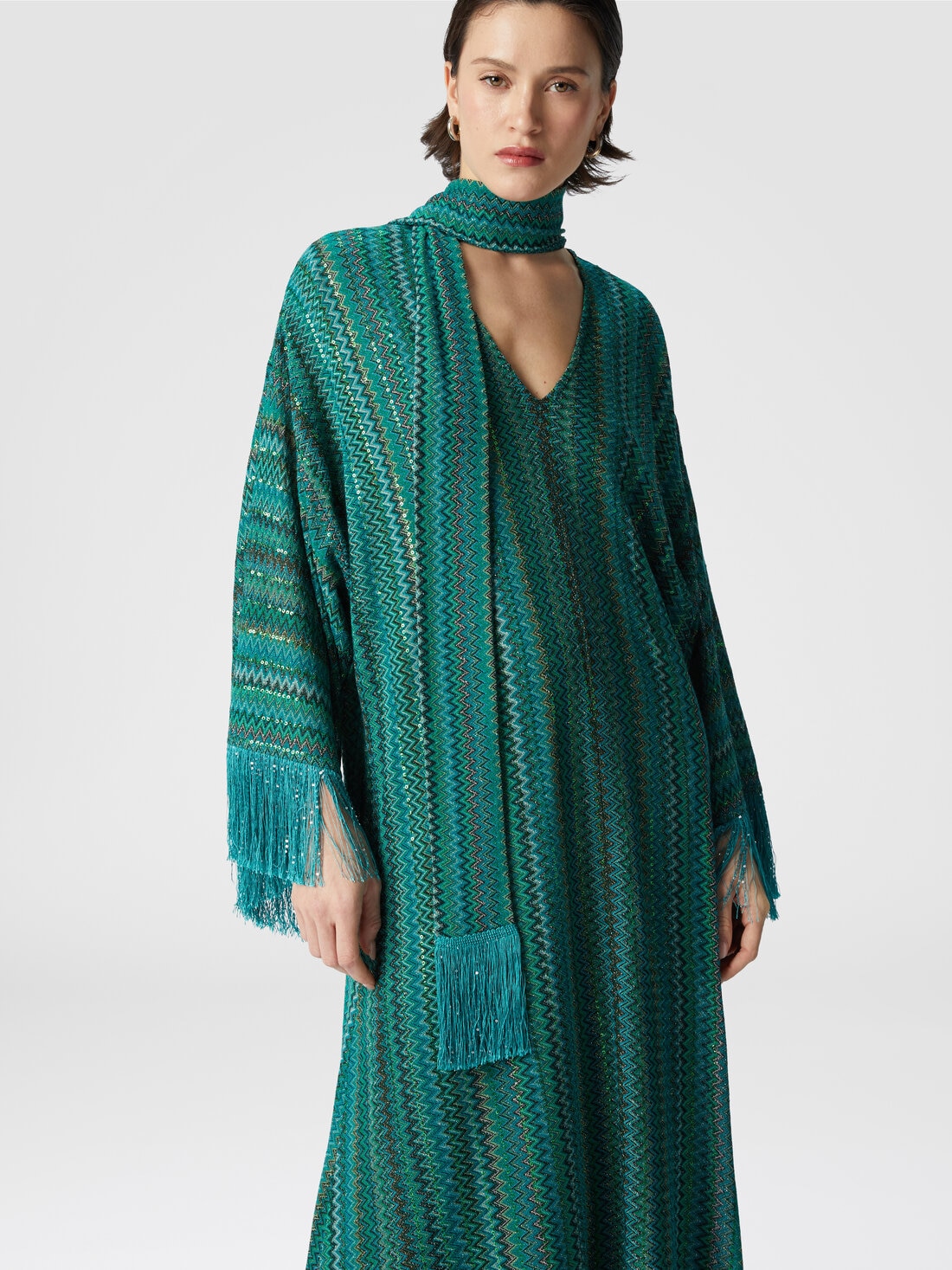 Zigzag kaftan with sequins and V-neck and removable scarf with fringes, Multicoloured  - DS25SG24BR010YS614K - 3