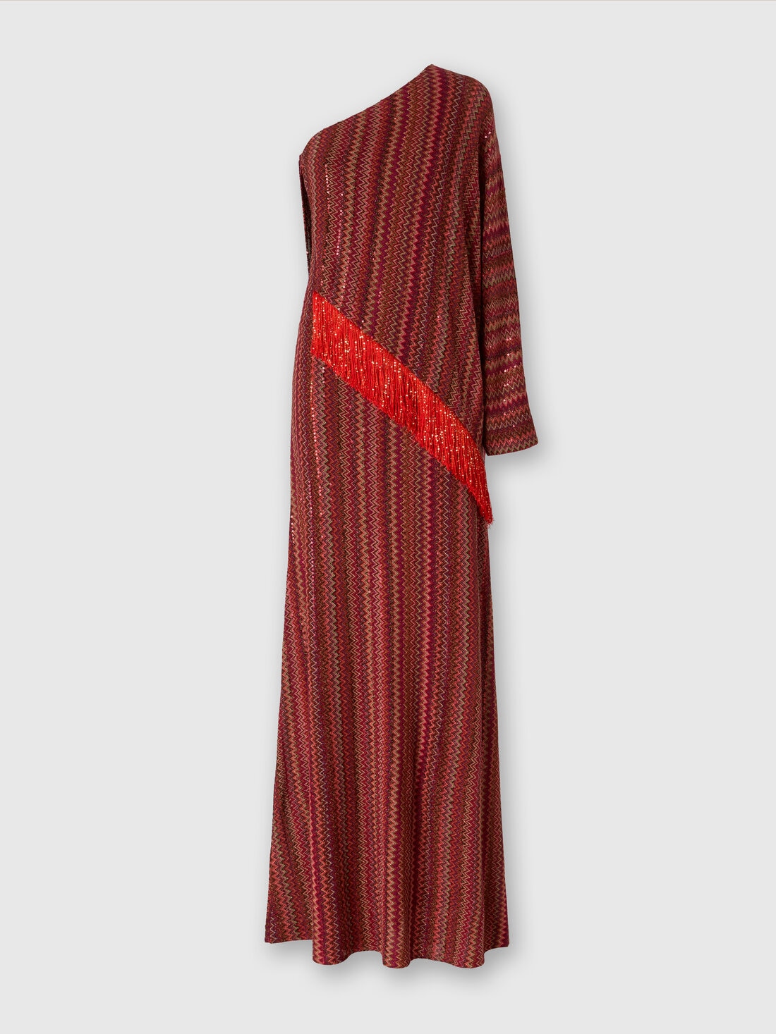 Long one-shoulder zigzag dress with sequins and fringes