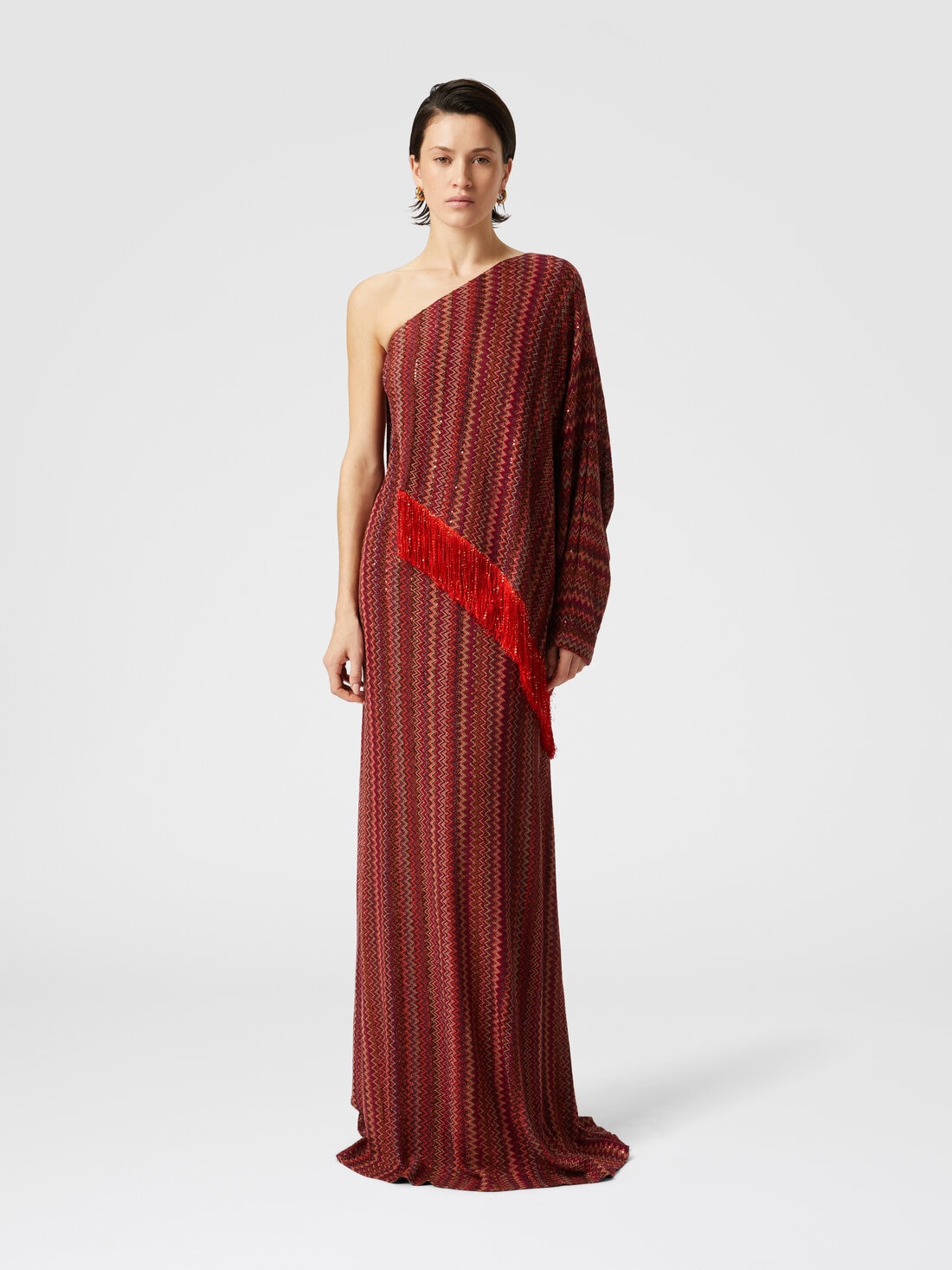 Long one-shoulder zigzag dress with sequins and fringes, Multicoloured  - DS25SG26BR010YS5076 - 1