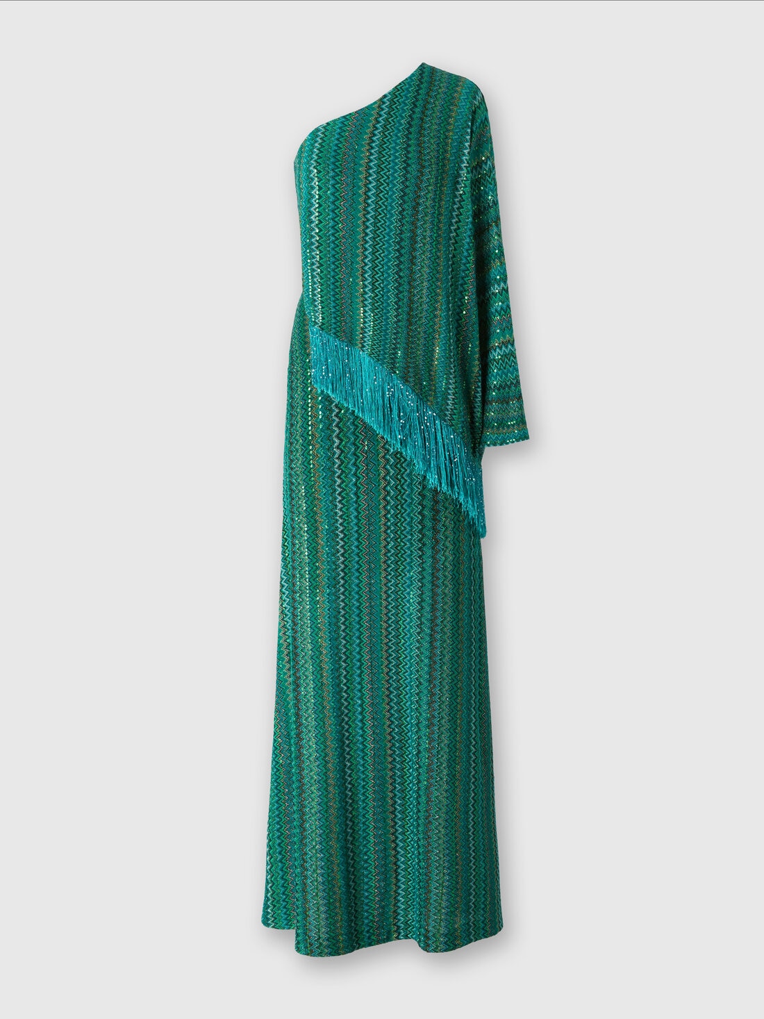 Vestido largo en zigzag de un solo hombro con lentejuelas y flecos, Multicolor  - 8053147494623 - 0