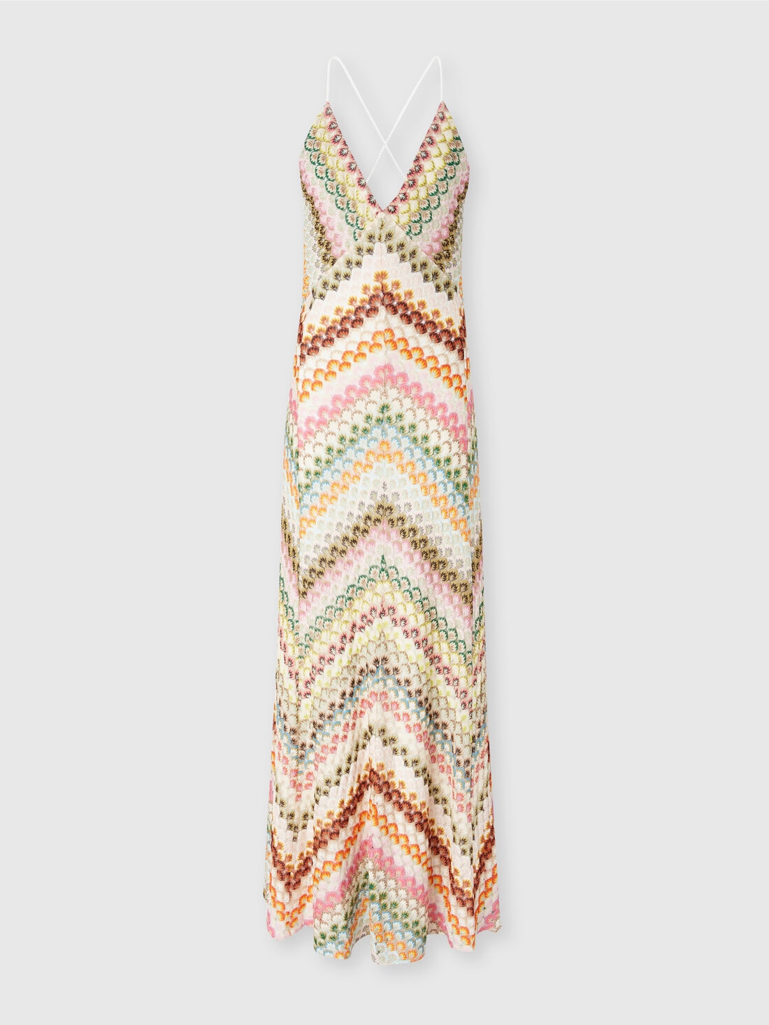 Langes Kleid aus Viskose mit V-Ausschnitt aus Spitze und Zickzack-Muster, Mehrfarbig  - DS25SG3SBR0133S6153 - 0