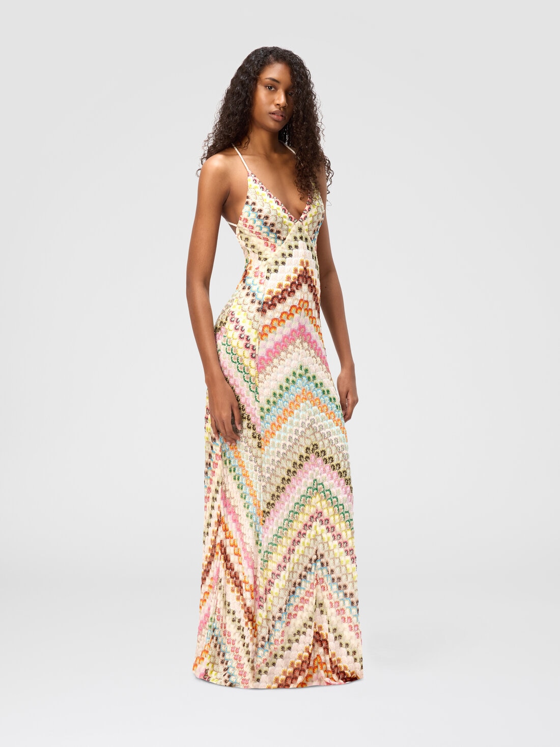 Langes Kleid aus Viskose mit V-Ausschnitt aus Spitze und Zickzack-Muster, Mehrfarbig  - DS25SG3SBR0133S6153 - 1