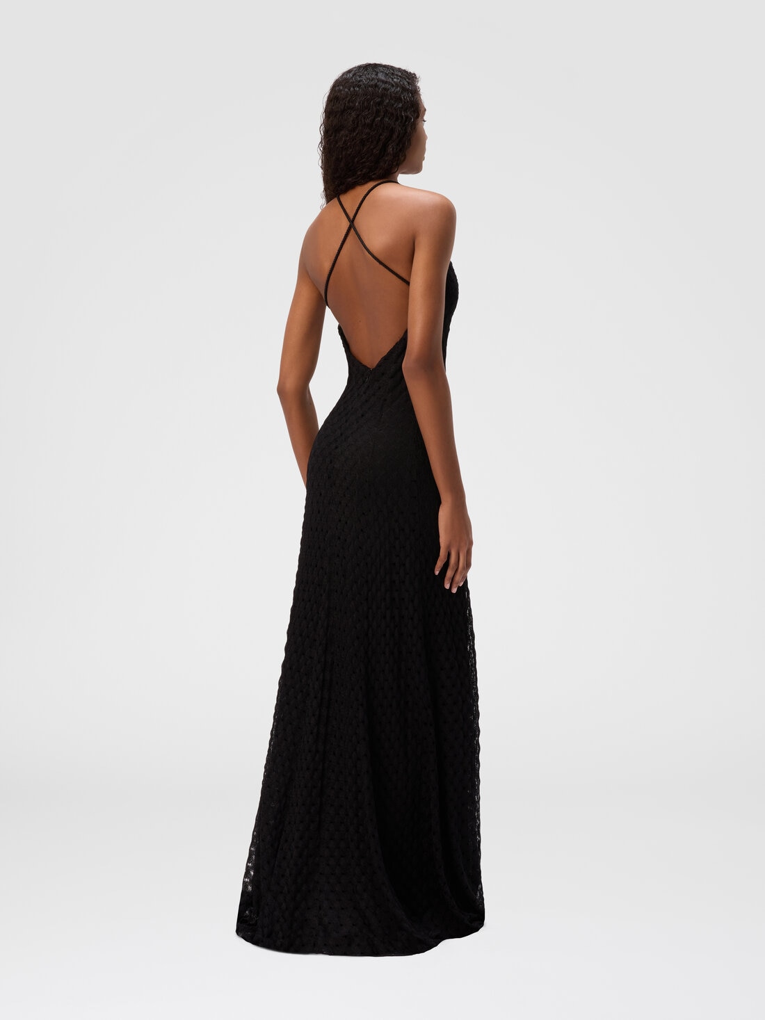 Long viscose dress with V-neck lace, Black - DS25SG3SBR013J93911 - 2