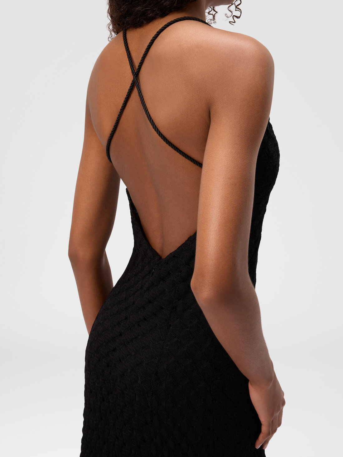 Long viscose dress with V-neck lace, Black - DS25SG3SBR013J93911 - 3
