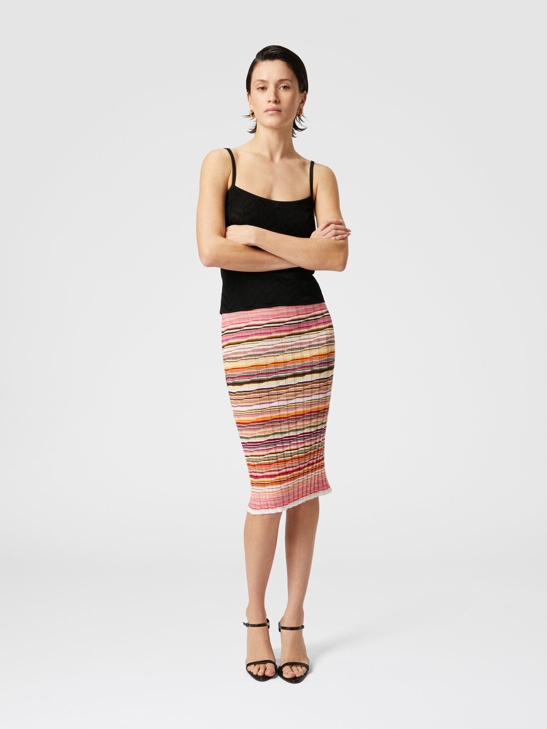 Gonna longuette a costine in cotone e viscosa a righe, Rosa   - DS25SH05BK041YSM9M7 - 3